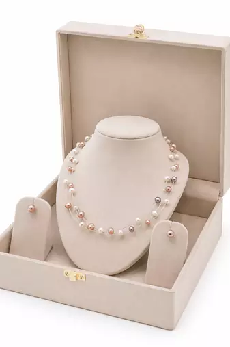 Floating freshwater pearl necklace and earrings set, multi-colour, double strand, earrings included