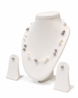Floating pearl necklace and earrings set, white and grey multi-colour, illusion style 2