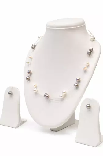 Floating pearl necklace and earrings set, white and grey multi-colour, illusion style