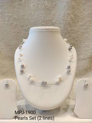 Floating pearl necklace and earrings set, white and grey multi-colour, illusion style 3