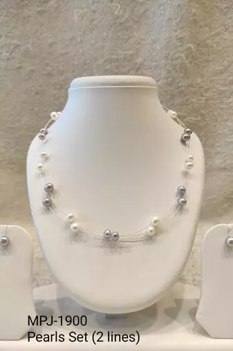 Floating pearl necklace and earrings set, white and grey multi-colour, illusion style