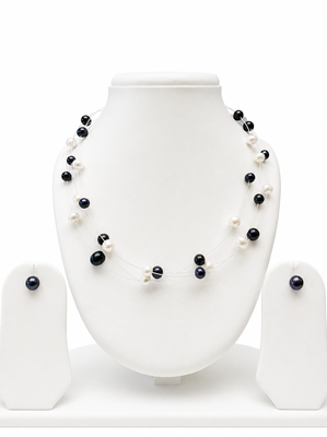 Floating pearl necklace set with earrings, black and white, multi-strand, women's jewellery 2