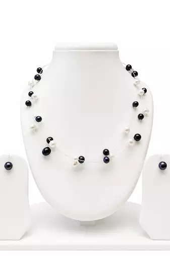 Floating pearl necklace set with earrings, black and white, multi-strand, women's jewellery