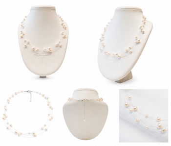 Floating pearl necklace and earring set, white, multi-strand, illusion style, with earrings set 3
