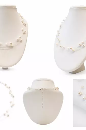 Floating pearl necklace and earring set, white, multi-strand, illusion style, with earrings set