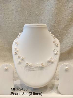 Floating pearl necklace and earring set, white, multi-strand, illusion style, with earrings set 4