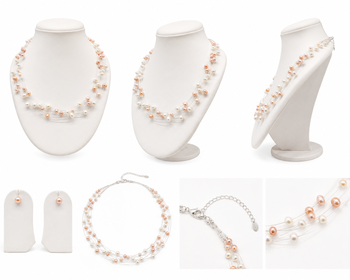 Floating freshwater pearl necklace and earring set, multi-strand, white and peach, with silver clasp 4