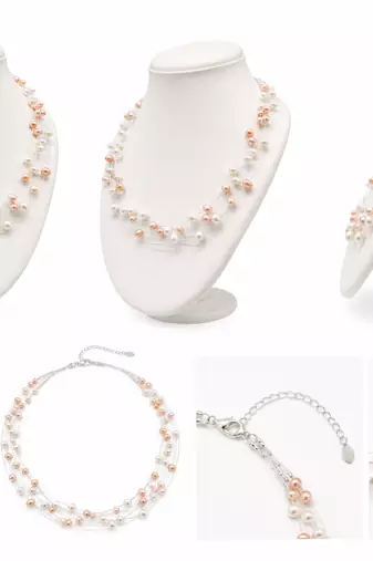Floating freshwater pearl necklace and earring set, multi-strand, white and peach, with silver clasp