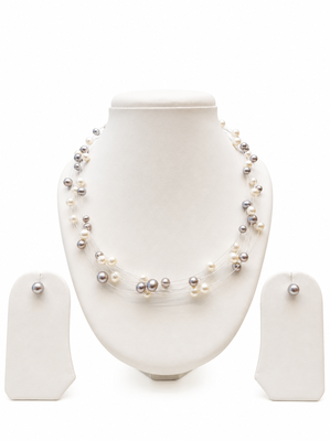 Floating pearl necklace set with earrings, multi-strand, white and grey, illusion style 2