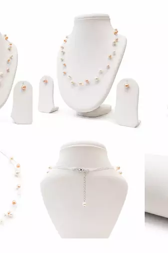 Floating pearl jewellery set, necklace with stud earrings, white and peach earrings included