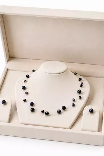 Black freshwater pearl floating necklace and stud earrings jewellery set, double strand, earrings included