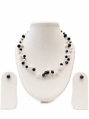 Floating pearl necklace and earring set, white and black, multi-strand, earrings included 2