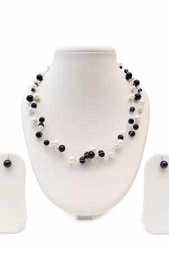 Floating pearl necklace and earring set, white and black, multi-strand, earrings included