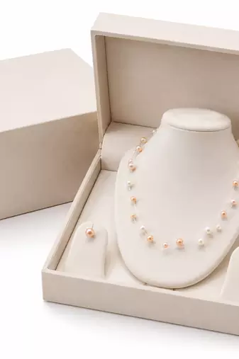 Floating pearl necklace and earring set, pink and white, multi-strand, illusion style, bridal jewellery