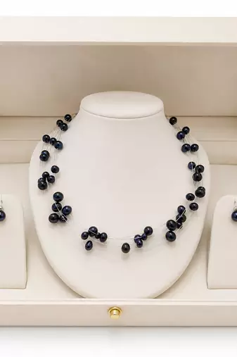 Black pearl necklace set, 5-line multi-strand with earrings, floating style