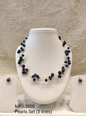 Black pearl necklace set, 5-line multi-strand with earrings, floating style 3