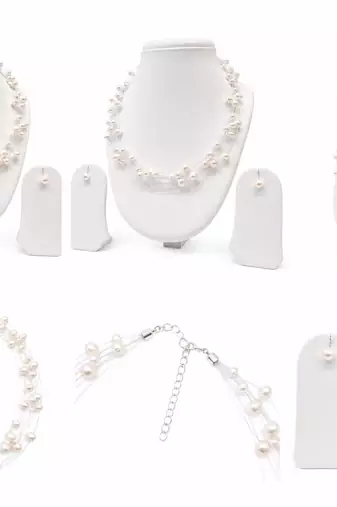 Floating freshwater pearl necklace set, white, multi-strand with earrings, elegant bridal jewellery