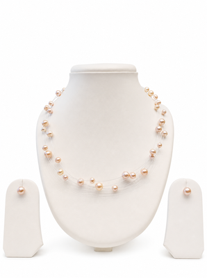 Floating pearl necklace and earring set, pink, multi-strand illusion style, bridal jewellery 3