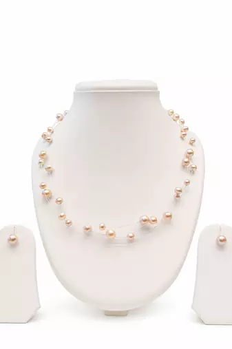 Floating pearl necklace and earring set, pink, multi-strand illusion style, bridal jewellery