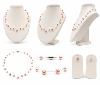 Floating pearl necklace and earring set, peach pink, multi-strand illusion style, freshwater pearl jewellery 2