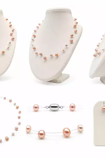 Floating pearl necklace and earring set, peach pink, multi-strand illusion style, freshwater pearl jewellery