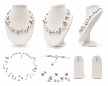 Floating pearl necklace and earring set, grey, multi-strand, illusion style, with lobster clasp 2