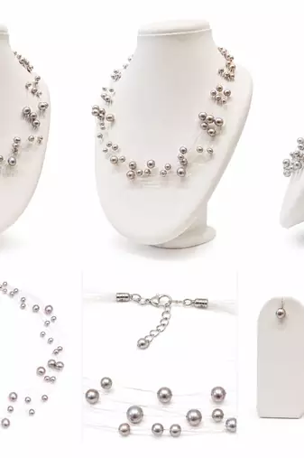 Floating pearl necklace and earring set, grey, multi-strand, illusion style, with lobster clasp