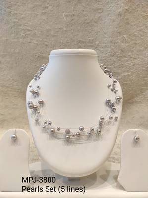 Floating pearl necklace and earring set, grey, multi-strand, illusion style, with lobster clasp 3