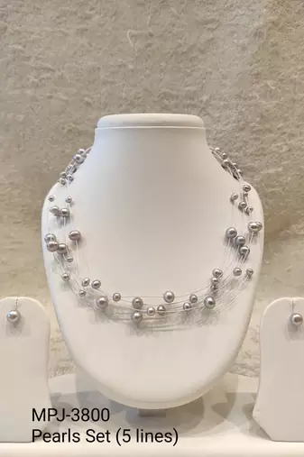Floating pearl necklace and earring set, grey, multi-strand, illusion style, with lobster clasp