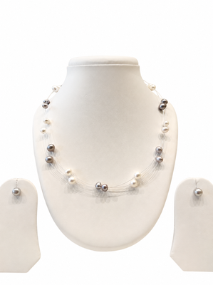 Floating pearl necklace and earrings jewellery set, white and grey, multi-strand, earrings included 3