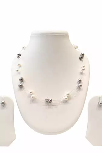 Floating pearl necklace and earrings jewellery set, white and grey, multi-strand, earrings included