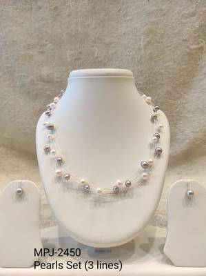 Floating pearl necklace and earrings jewellery set, white and grey, multi-strand, earrings included 4