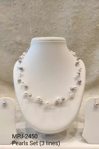 Floating pearl necklace and earrings jewellery set, white and grey, multi-strand, earrings included