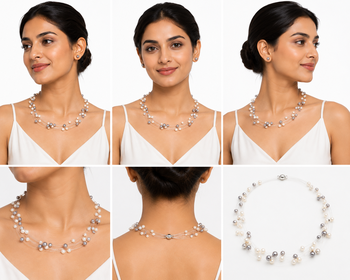 Floating pearl necklace set with earrings, multi-strand, white and grey, illusion style 3