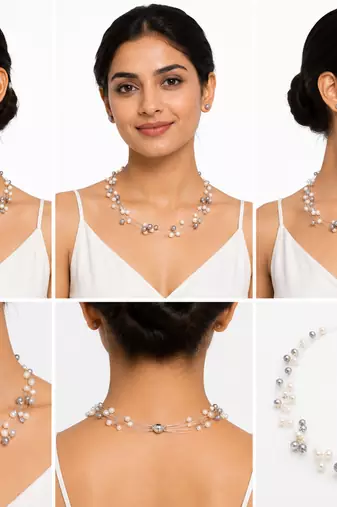 Floating pearl necklace set with earrings, multi-strand, white and grey, illusion style