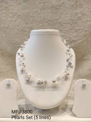 Floating pearl necklace set with earrings, multi-strand, white and grey, illusion style 4