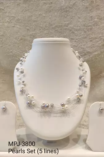 Floating pearl necklace set with earrings, multi-strand, white and grey, illusion style