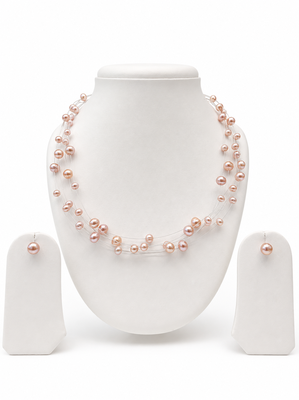Floating freshwater pearl necklace and earring set, pink, multi-strand, earrings included 3