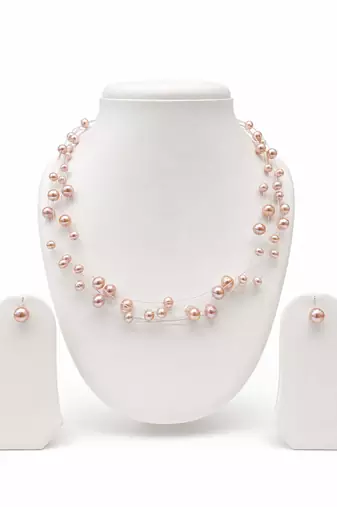 Floating freshwater pearl necklace and earring set, pink, multi-strand, earrings included
