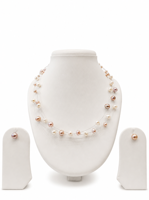 Floating freshwater pearl necklace and earrings set, multi-colour, double strand, earrings included 3