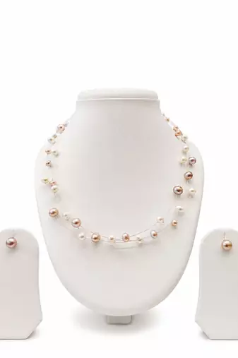 Floating freshwater pearl necklace and earrings set, multi-colour, double strand, earrings included