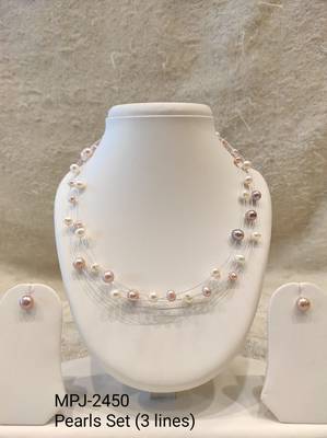 Floating freshwater pearl necklace and earrings set, multi-colour, double strand, earrings included 4