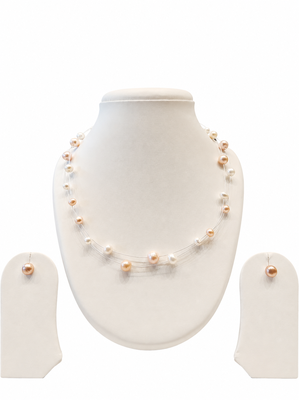 Floating pearl necklace and earring set, pink and white, multi-strand, illusion style, bridal jewellery 5
