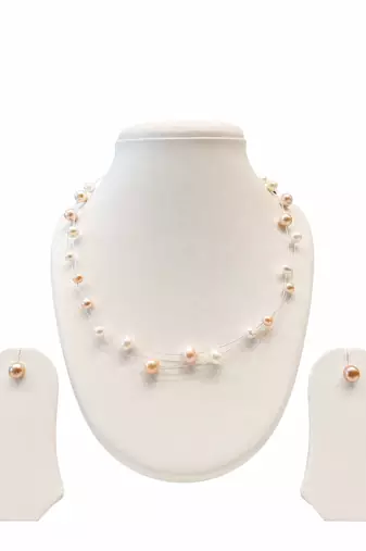 Floating pearl necklace and earring set, pink and white, multi-strand, illusion style, bridal jewellery