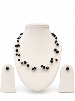 Black freshwater pearl floating necklace and stud earrings jewellery set, multi-strand, silver wire 2