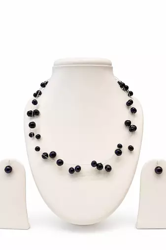Black freshwater pearl floating necklace and stud earrings jewellery set, multi-strand, silver wire