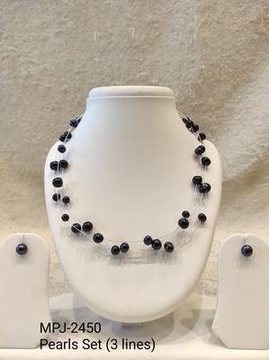 Black freshwater pearl floating necklace and stud earrings jewellery set, multi-strand, silver wire 3