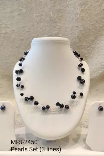 Black freshwater pearl floating necklace and stud earrings jewellery set, multi-strand, silver wire