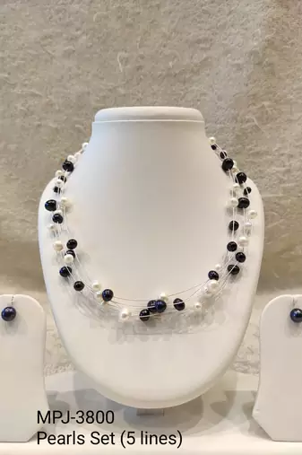 Floating pearl necklace and earring set, white and black, multi-strand, earrings included
