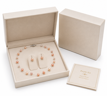 Floating pearl necklace and earring set, peach pink, multi-strand illusion style, freshwater pearl jewellery 3
